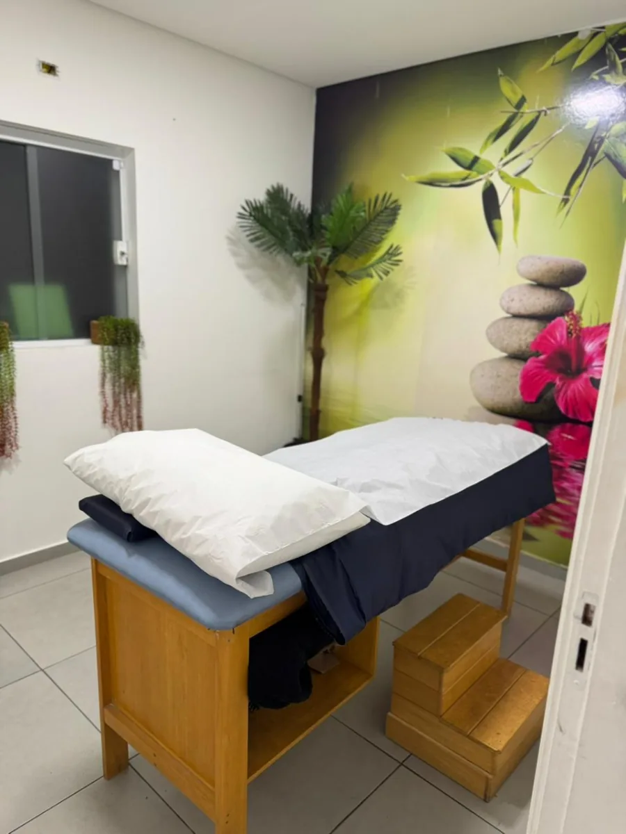 Sala de massagem com decoração zen e plantas